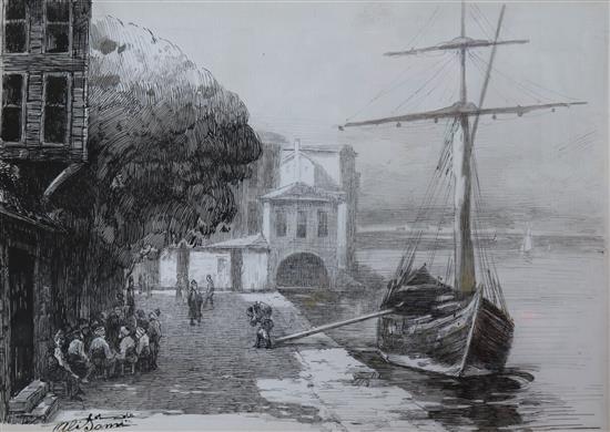 Ali Sami?, pen and ink, Turkish harbour scene, indistinctly signed, 16 x 22cm